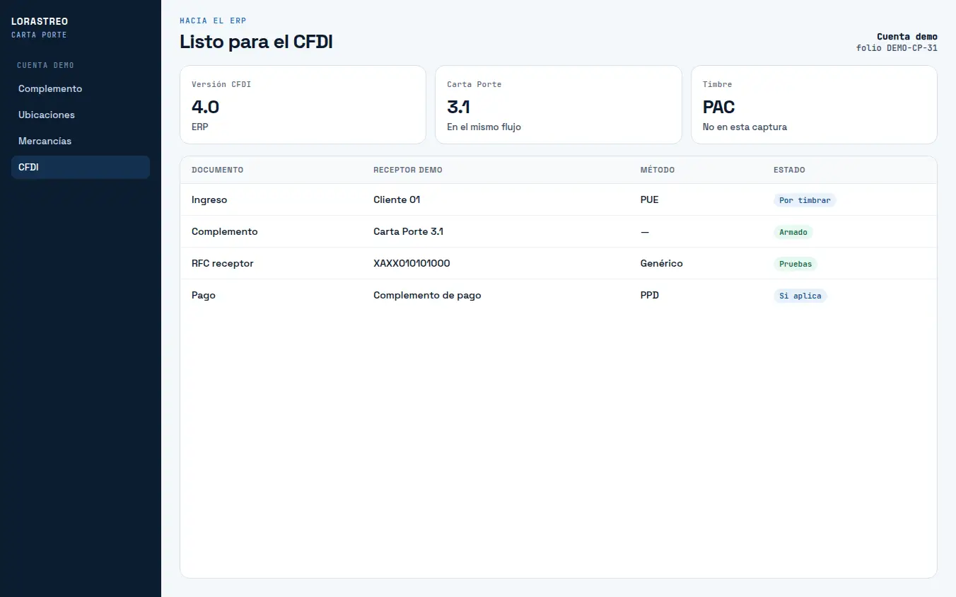 CFDI de demostración con Carta Porte 3.1, pendiente de timbrar